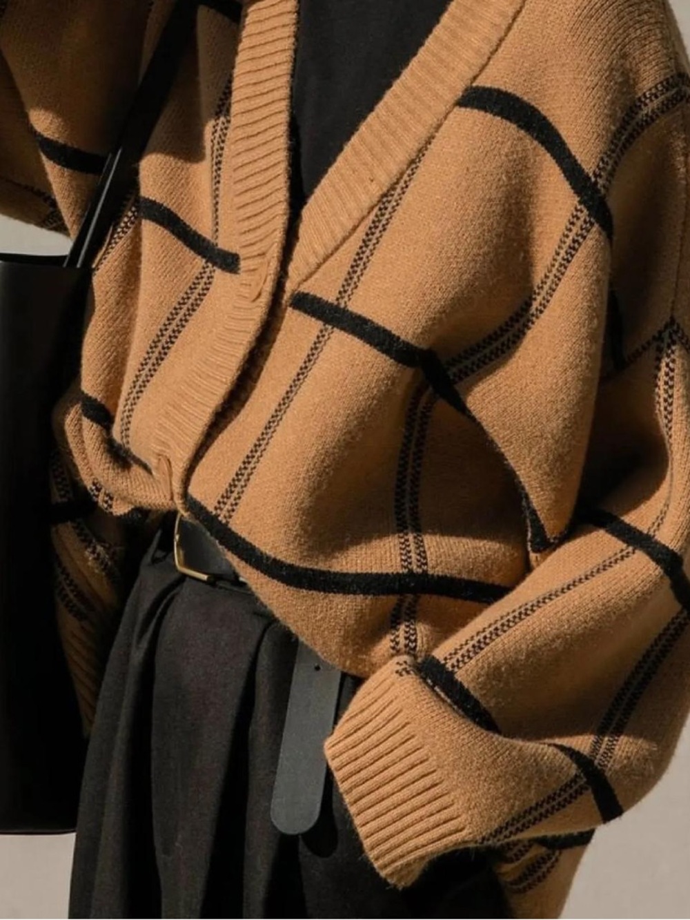 OAK + FORT Camel Windowpane Button Cardigan - Picture 3 of 4
